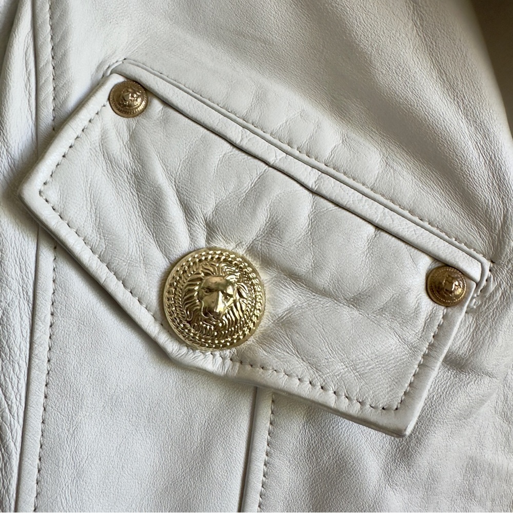 Balmain Paris Leather Jacket White Cropped Moto Gold Buttons Size S - Picture 4 of 11